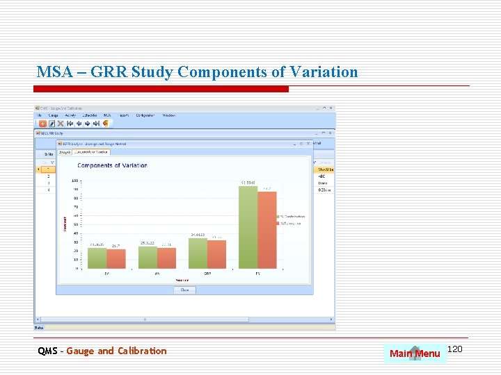 MSA – GRR Study Components of Variation QMS – Gauge and Calibration Main Menu