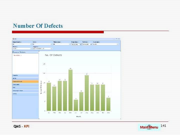 Number Of Defects QMS – KPI Main Menu 141 