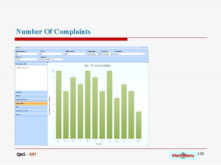 Number Of Complaints QMS – KPI Main Menu 142 