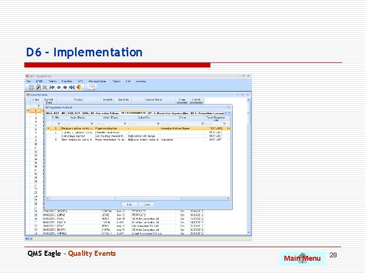 D 6 - Implementation QMS Eagle – Quality Events Main Menu 28 