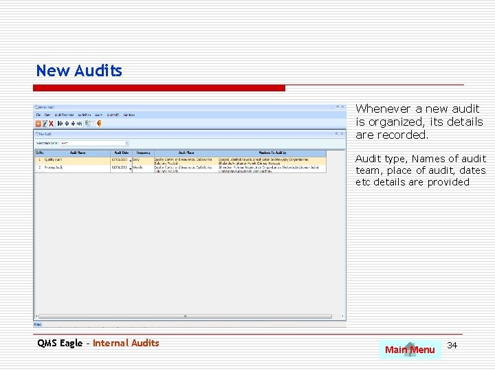 New Audits Whenever a new audit is organized, its details are recorded. Audit type,