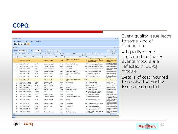 COPQ Every quality issue leads to some kind of expenditure. All quality events registered