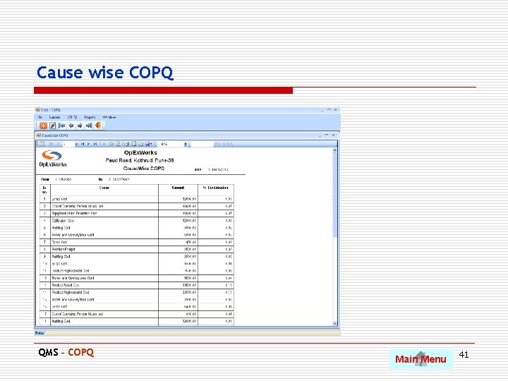 Cause wise COPQ QMS – COPQ Main Menu 41 