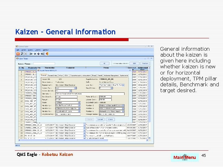 Kaizen - General Information General information about the kaizen is given here including whether