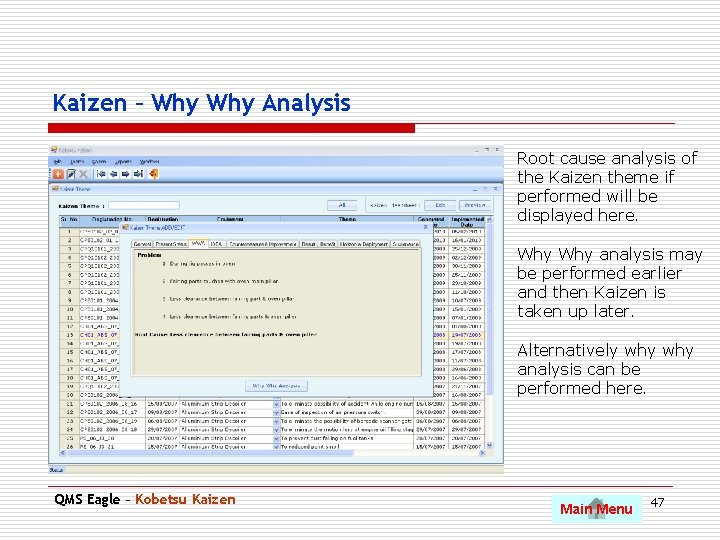 Kaizen – Why Analysis Root cause analysis of the Kaizen theme if performed will