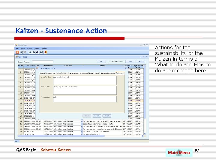 Kaizen - Sustenance Actions for the sustainability of the Kaizen in terms of What