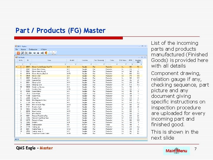 Part / Products (FG) Master List of the incoming parts and products manufactured (Finished