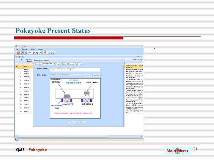 Pokayoke Present Status. QMS – Pokayoke Main Menu 71 