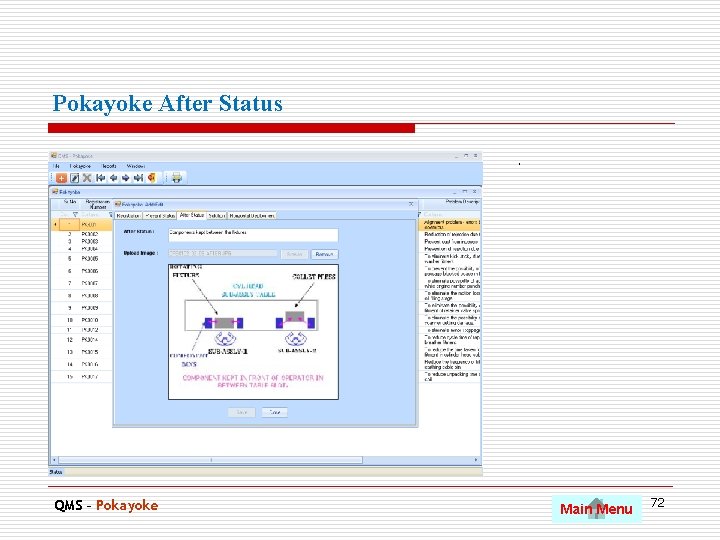 Pokayoke After Status. QMS – Pokayoke Main Menu 72 