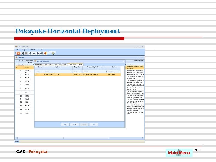 Pokayoke Horizontal Deployment. QMS – Pokayoke Main Menu 74 