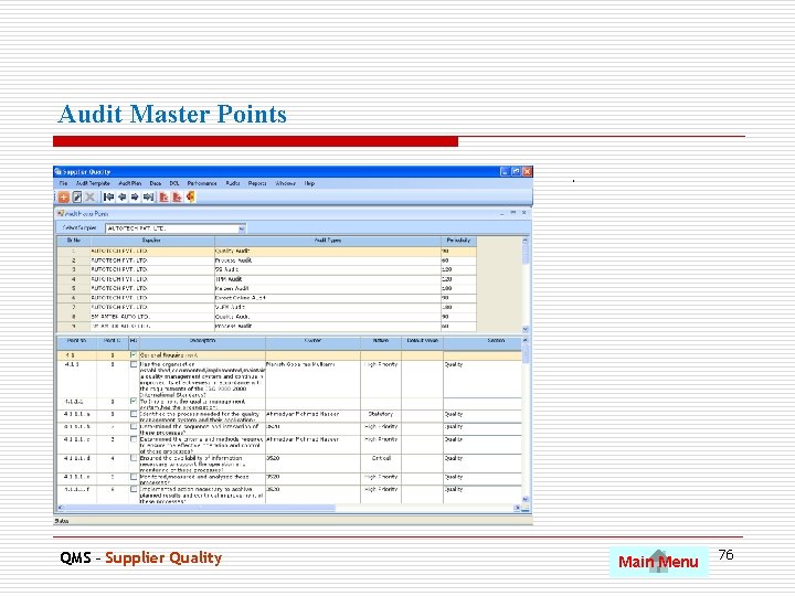 Audit Master Points. QMS – Supplier Quality Main Menu 76 