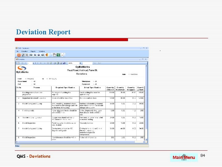 Deviation Report. QMS – Deviations Main Menu 84 