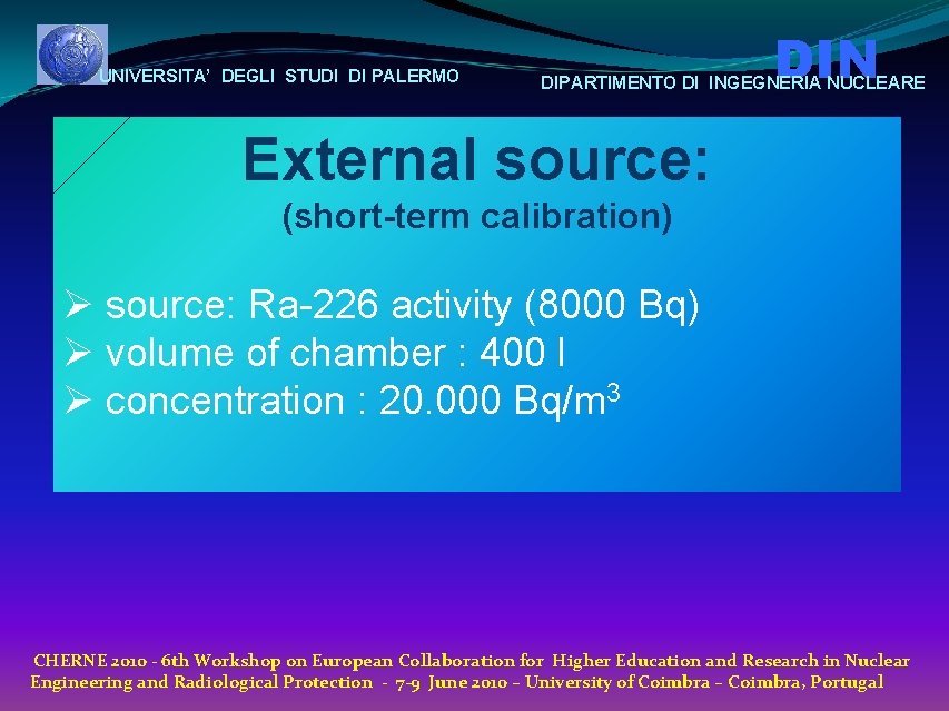 UNIVERSITA’ DEGLI STUDI DI PALERMO DIN DIPARTIMENTO DI INGEGNERIA NUCLEARE External source: (short-term calibration)