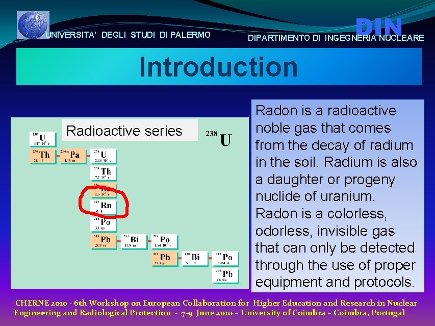 UNIVERSITA’ DEGLI STUDI DI PALERMO DIN DIPARTIMENTO DI INGEGNERIA NUCLEARE Introduction Radioactive series Radon