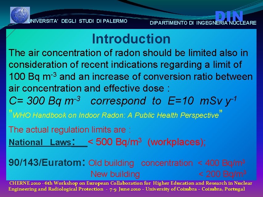 UNIVERSITA’ DEGLI STUDI DI PALERMO DIN DIPARTIMENTO DI INGEGNERIA NUCLEARE Introduction The air concentration