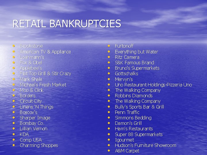 RETAIL BANKRUPTCIES • • • • • Brookstone American TV & Appliance Loehmann’s Fox