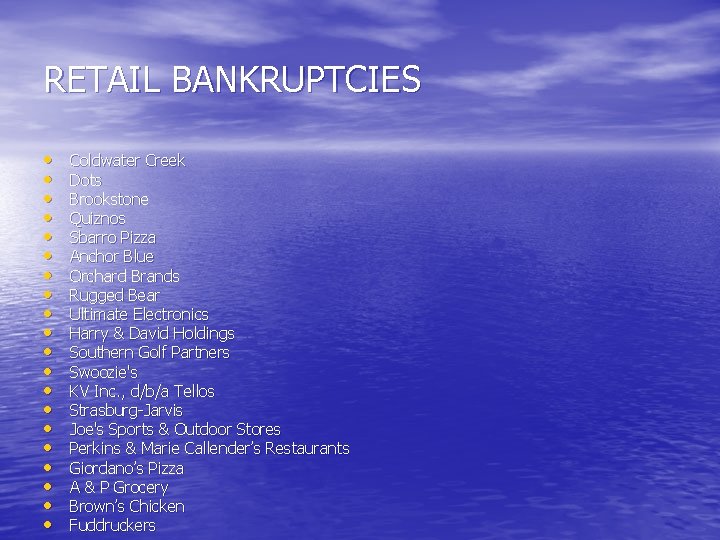 RETAIL BANKRUPTCIES • • • • • Coldwater Creek Dots Brookstone Quiznos Sbarro Pizza