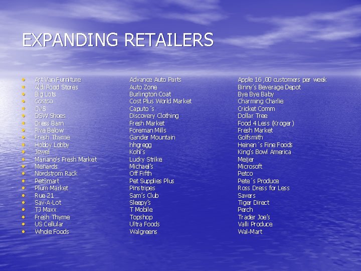 EXPANDING RETAILERS • • • • • • Art Van Furniture Aldi Food Stores