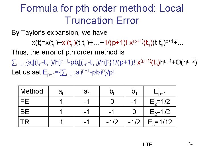 Formula for pth order method: Local Truncation Error By Taylor’s expansion, we have x(t)=x(tn)+x’(tn)(t-tn)+…+1/(p+1)!