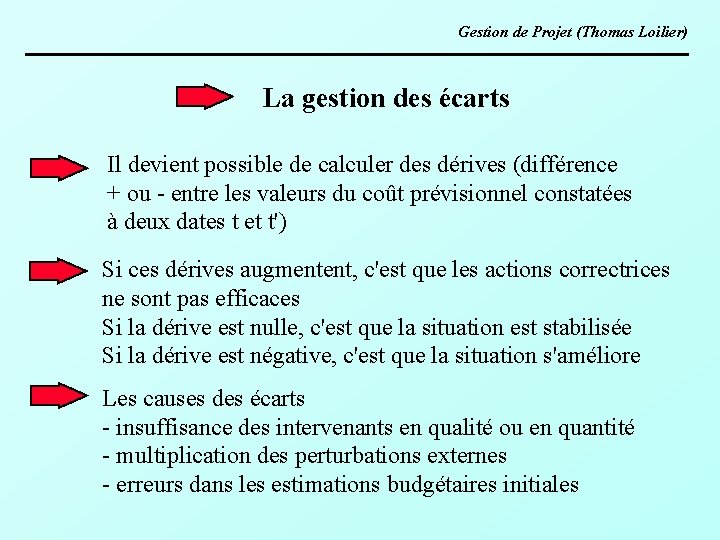 Gestion de Projet (Thomas Loilier) La gestion des écarts Il devient possible de calculer