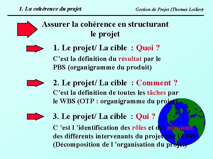 1. La cohérence du projet Gestion de Projet (Thomas Loilier) Assurer la cohérence en