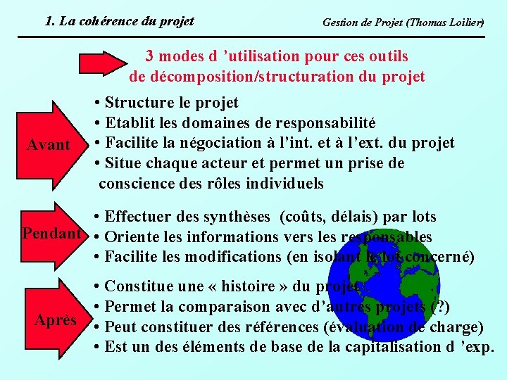 1. La cohérence du projet Gestion de Projet (Thomas Loilier) 3 modes d ’utilisation