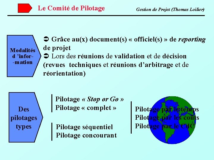 Le Comité de Pilotage Modalités d ’infor-mation Des pilotages types Gestion de Projet (Thomas