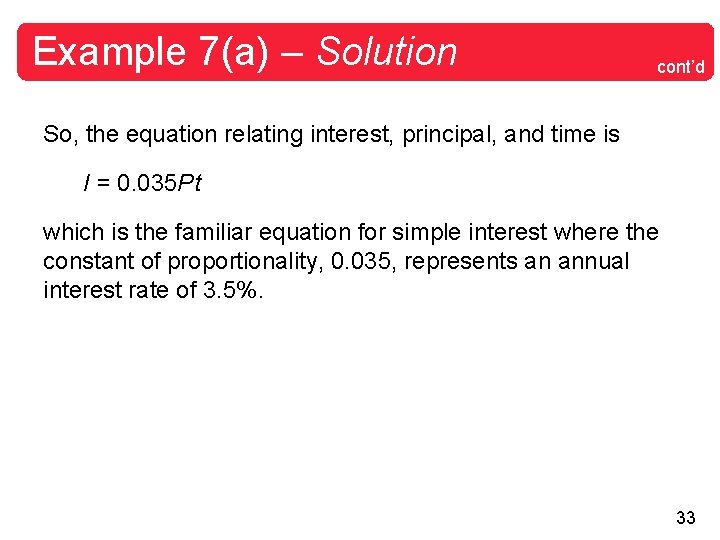 Example 7(a) – Solution cont’d So, the equation relating interest, principal, and time is