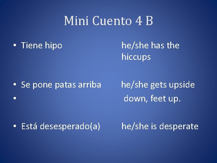 Mini Cuento 4 B • Tiene hipo he/she has the hiccups • Se pone