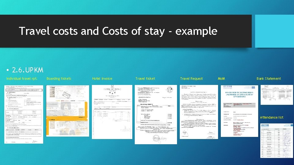 Travel costs and Costs of stay - example • 2. 6. UPKM Individual travel