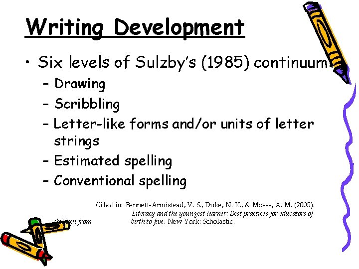 Writing Development • Six levels of Sulzby’s (1985) continuum: – Drawing – Scribbling –