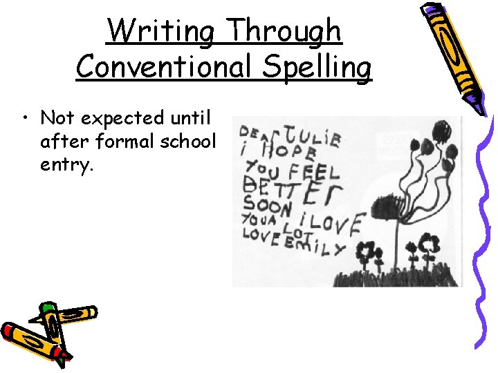 Writing Through Conventional Spelling • Not expected until after formal school entry. 