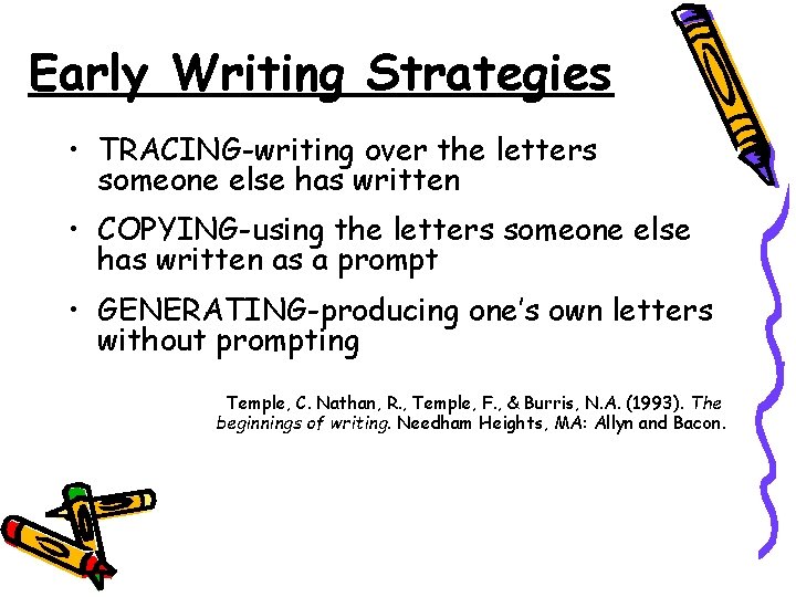 Early Writing Strategies • TRACING-writing over the letters someone else has written • COPYING-using