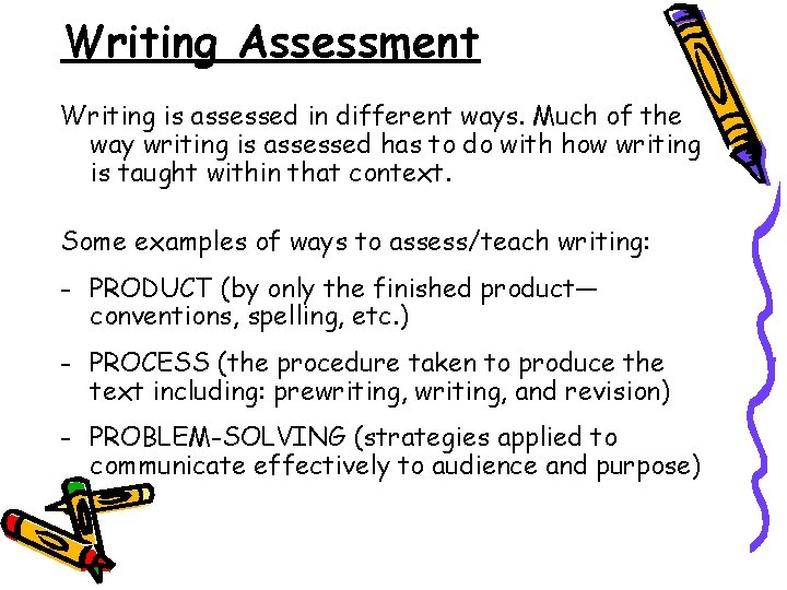 Writing Assessment Writing is assessed in different ways. Much of the way writing is