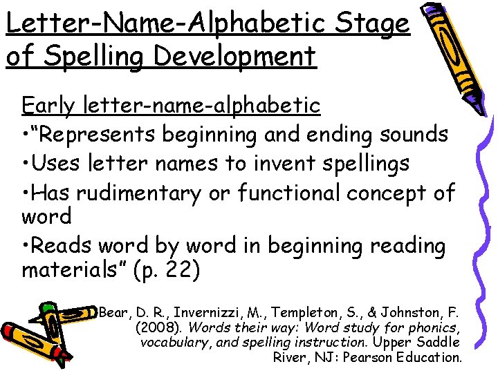 Letter-Name-Alphabetic Stage of Spelling Development Early letter-name-alphabetic • “Represents beginning and ending sounds •