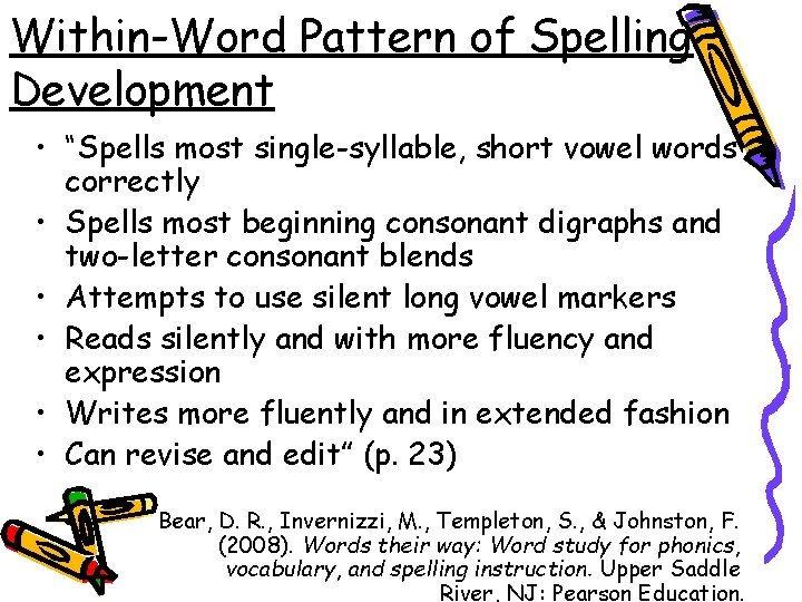 Within-Word Pattern of Spelling Development • “Spells most single-syllable, short vowel words correctly •