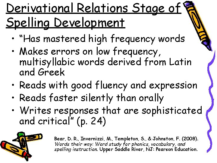 Derivational Relations Stage of Spelling Development • “Has mastered high frequency words • Makes