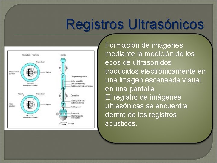 Registros Ultrasónicos Formación de imágenes mediante la medición de los ecos de ultrasonidos traducidos