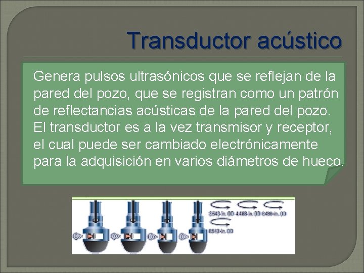 Transductor acústico Genera pulsos ultrasónicos que se reflejan de la pared del pozo, que