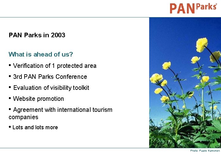 PAN Parks in 2003 What is ahead of us? • Verification of 1 protected