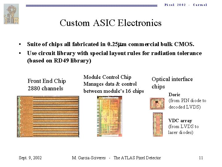 Pixel 2002 - Carmel Custom ASIC Electronics • Suite of chips all fabricated in