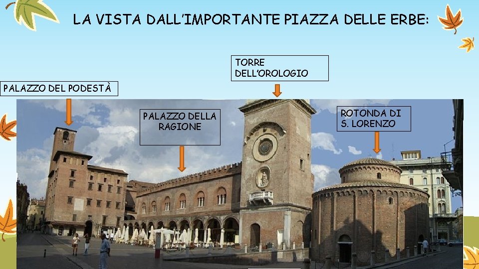 LA VISTA DALL’IMPORTANTE PIAZZA DELLE ERBE: TORRE DELL’OROLOGIO PALAZZO DEL PODESTÀ PALAZZO DELLA RAGIONE