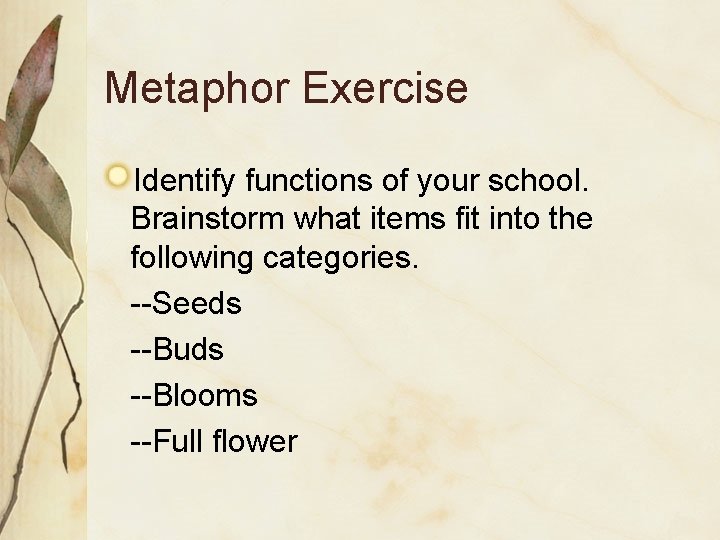 Metaphor Exercise Identify functions of your school. Brainstorm what items fit into the following