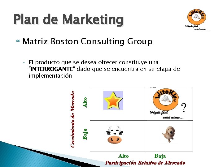 Plan de Marketing Matriz Boston Consulting Group Bajo Alto ◦ El producto que se