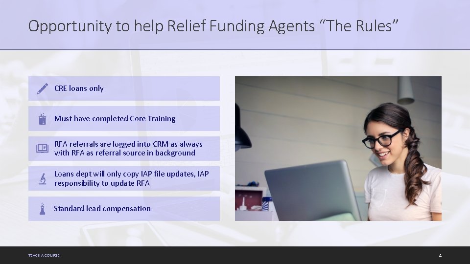 Opportunity to help Relief Funding Agents “The Rules” CRE loans only Must have completed