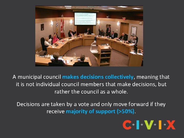 A municipal council makes decisions collectively, meaning that it is not individual council members