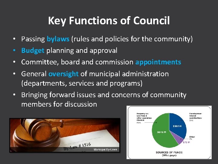 Key Functions of Council Passing bylaws (rules and policies for the community) Budget planning