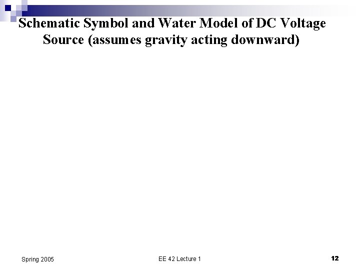 Schematic Symbol and Water Model of DC Voltage Source (assumes gravity acting downward) Spring
