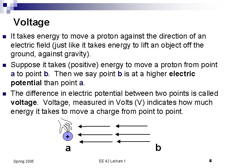 Voltage n n n It takes energy to move a proton against the direction