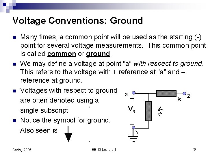 Voltage Conventions: Ground n n n Many times, a common point will be used